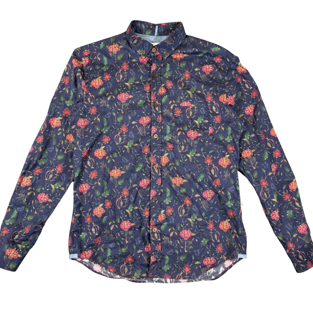 Serge Blanco Mens Floral Button Down Shirt Navy Blue Long Sleeve Cotton Size M
